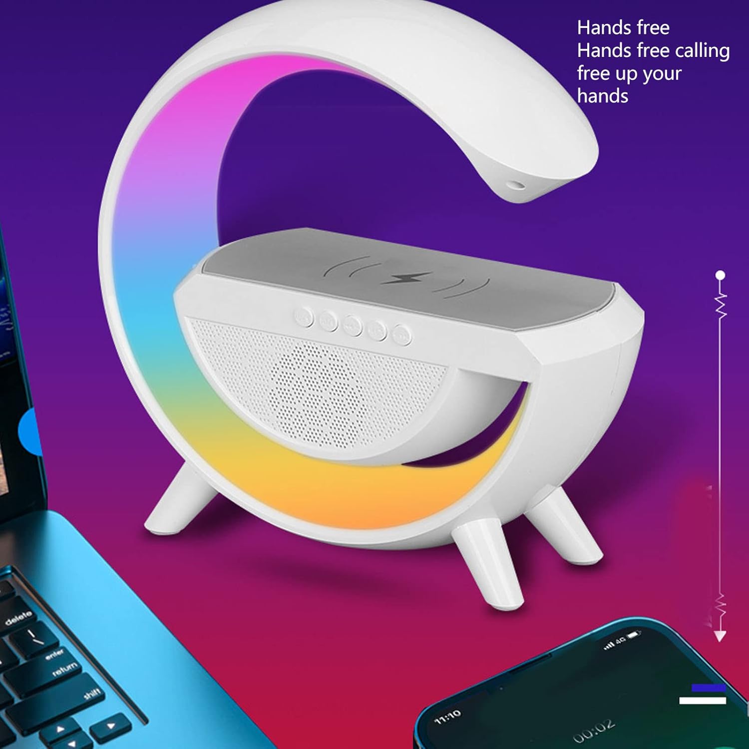 Altavoz Bluetooth con Luz Nocturna, Cargador Inalámbrico de 15 W, Lámpara de Noche Multicolor Regulable, Altavoz Inalámbrico con Soporte de Luces, Tarjeta de Memoria FM USB, Modo