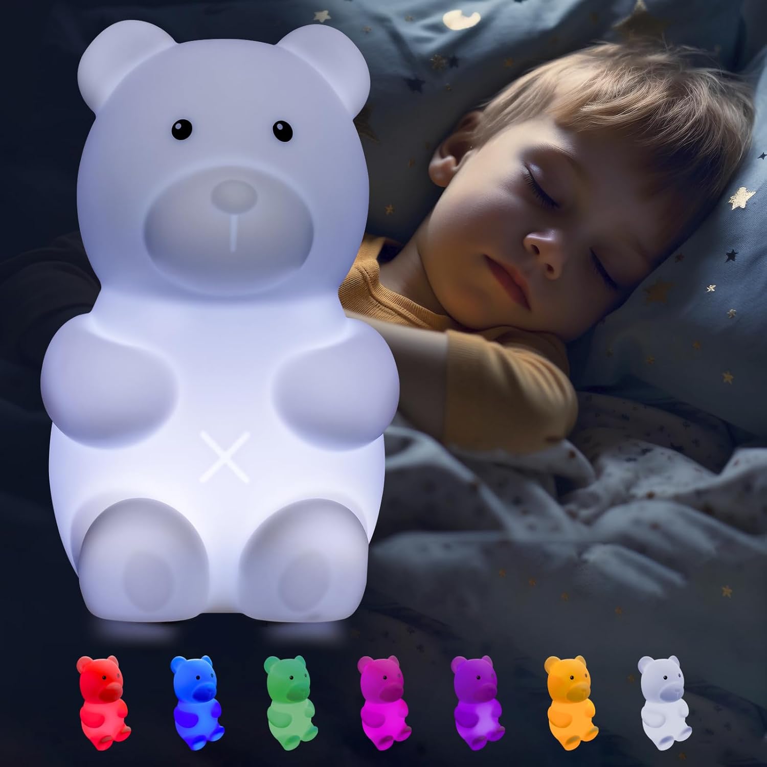 Osito Luz Nocturna LED para Lactancia y Bebés - Lámpara de Silicona Táctil Recargable - Luz Cálida + 7 Colores Relajantes (Copia) (Copia)