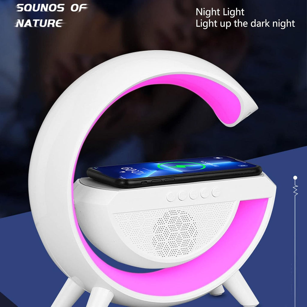 Altavoz Bluetooth con Luz Nocturna, Cargador Inalámbrico de 15 W, Lámpara de Noche Multicolor Regulable, Altavoz Inalámbrico con Soporte de Luces, Tarjeta de Memoria FM USB, Modo