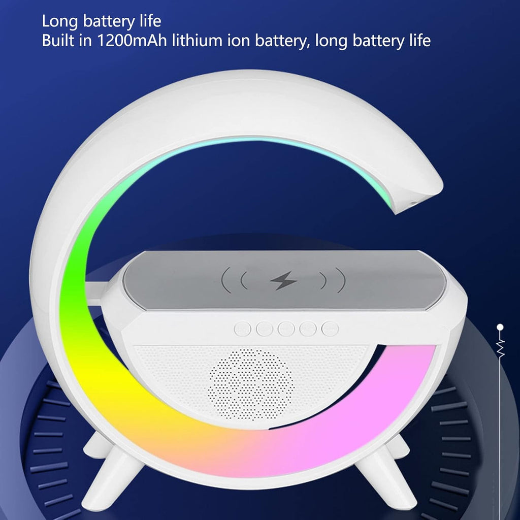 Altavoz Bluetooth con Luz Nocturna, Cargador Inalámbrico de 15 W, Lámpara de Noche Multicolor Regulable, Altavoz Inalámbrico con Soporte de Luces, Tarjeta de Memoria FM USB, Modo