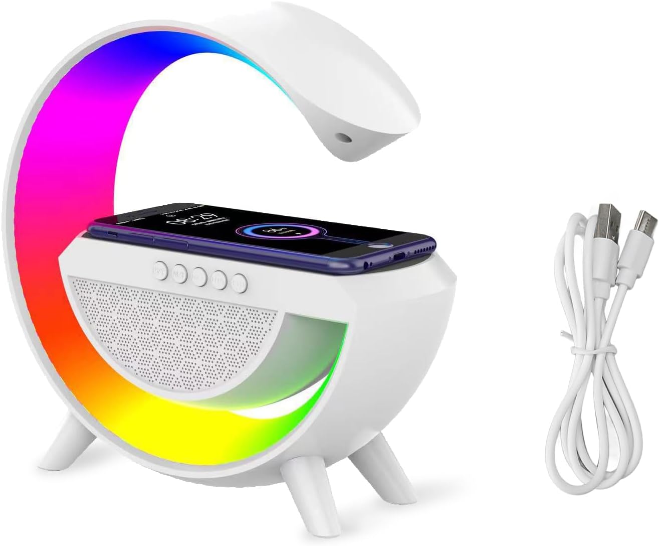 Altavoz Bluetooth con Luz Nocturna, Cargador Inalámbrico de 15 W, Lámpara de Noche Multicolor Regulable, Altavoz Inalámbrico con Soporte de Luces, Tarjeta de Memoria FM USB, Modo