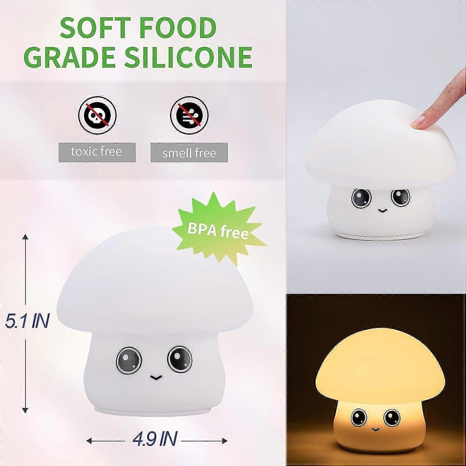 Champiñon Luz Nocturna LED para Lactancia y Bebés - Lámpara de Silicona Táctil Recargable - Luz Cálida + 7 Colores Relajantes