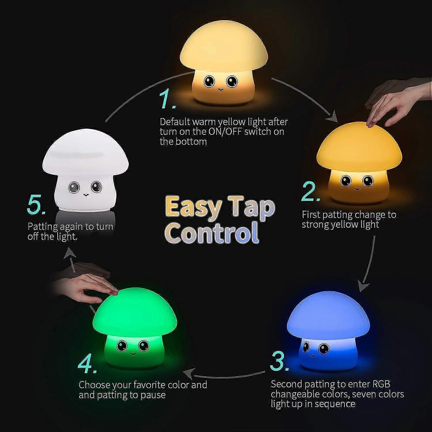 Champiñon Luz Nocturna LED para Lactancia y Bebés - Lámpara de Silicona Táctil Recargable - Luz Cálida + 7 Colores Relajantes