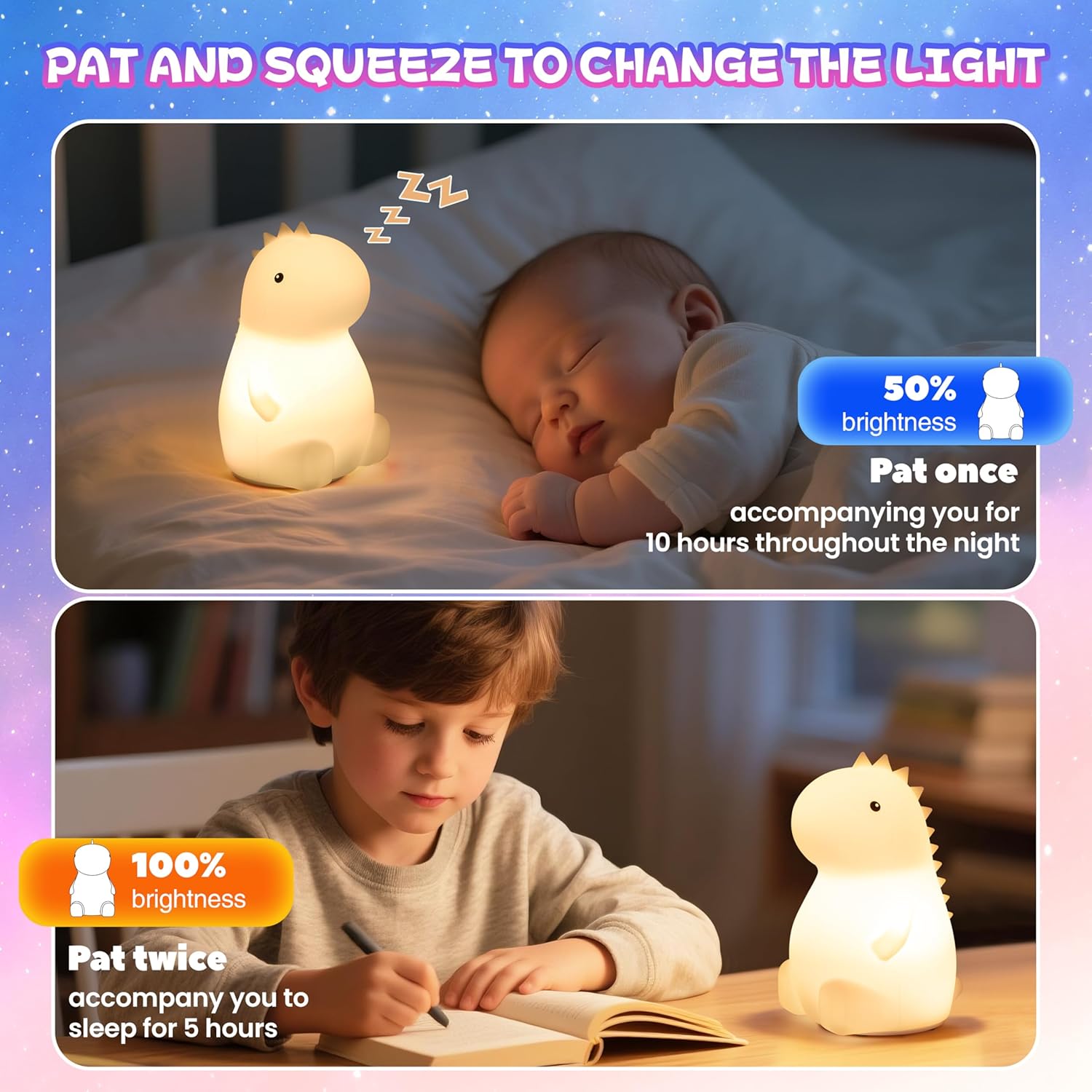 Dino Luz Nocturna LED para Lactancia y Bebés - Lámpara de Silicona Táctil Recargable - Luz Cálida + 7 Colores Relajantes (Copia)