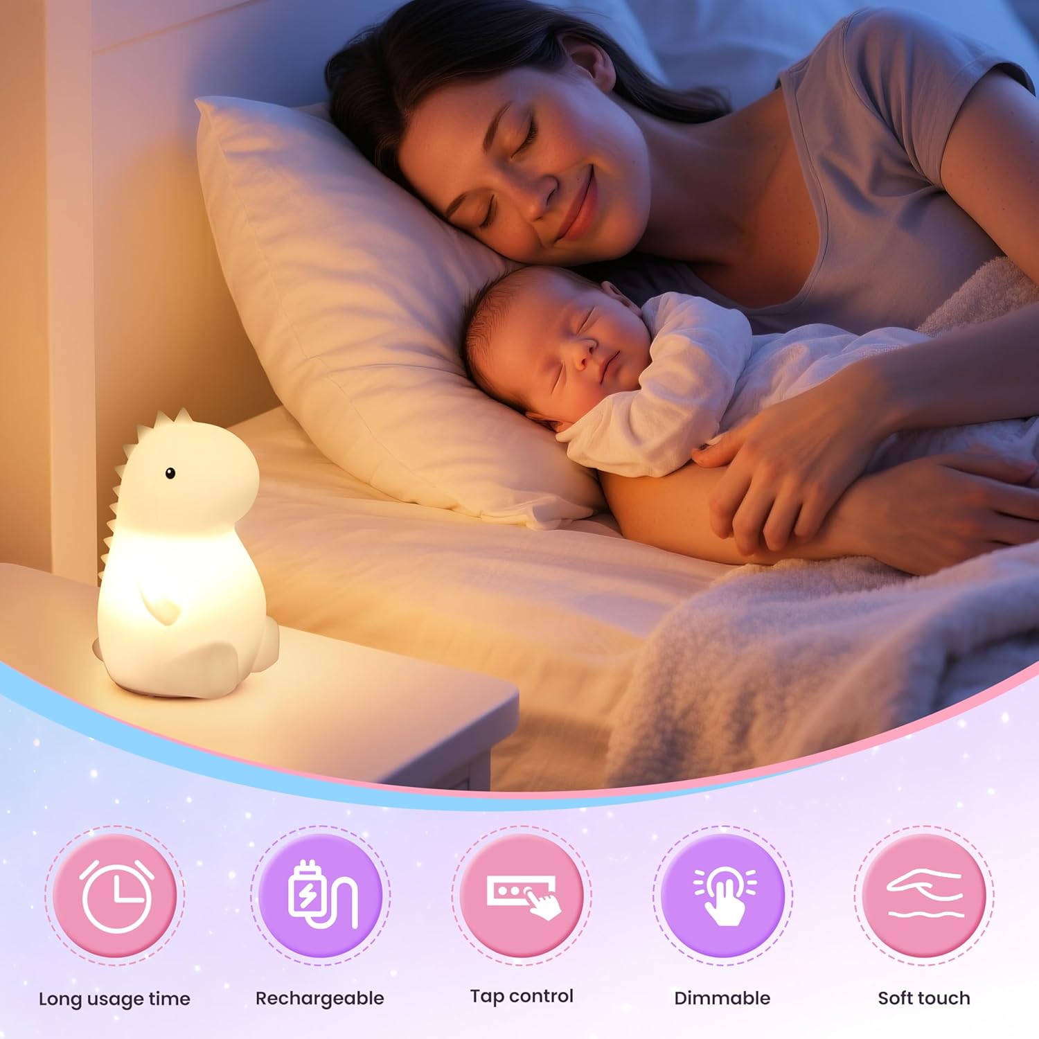 Dino Luz Nocturna LED para Lactancia y Bebés - Lámpara de Silicona Táctil Recargable - Luz Cálida + 7 Colores Relajantes (Copia)