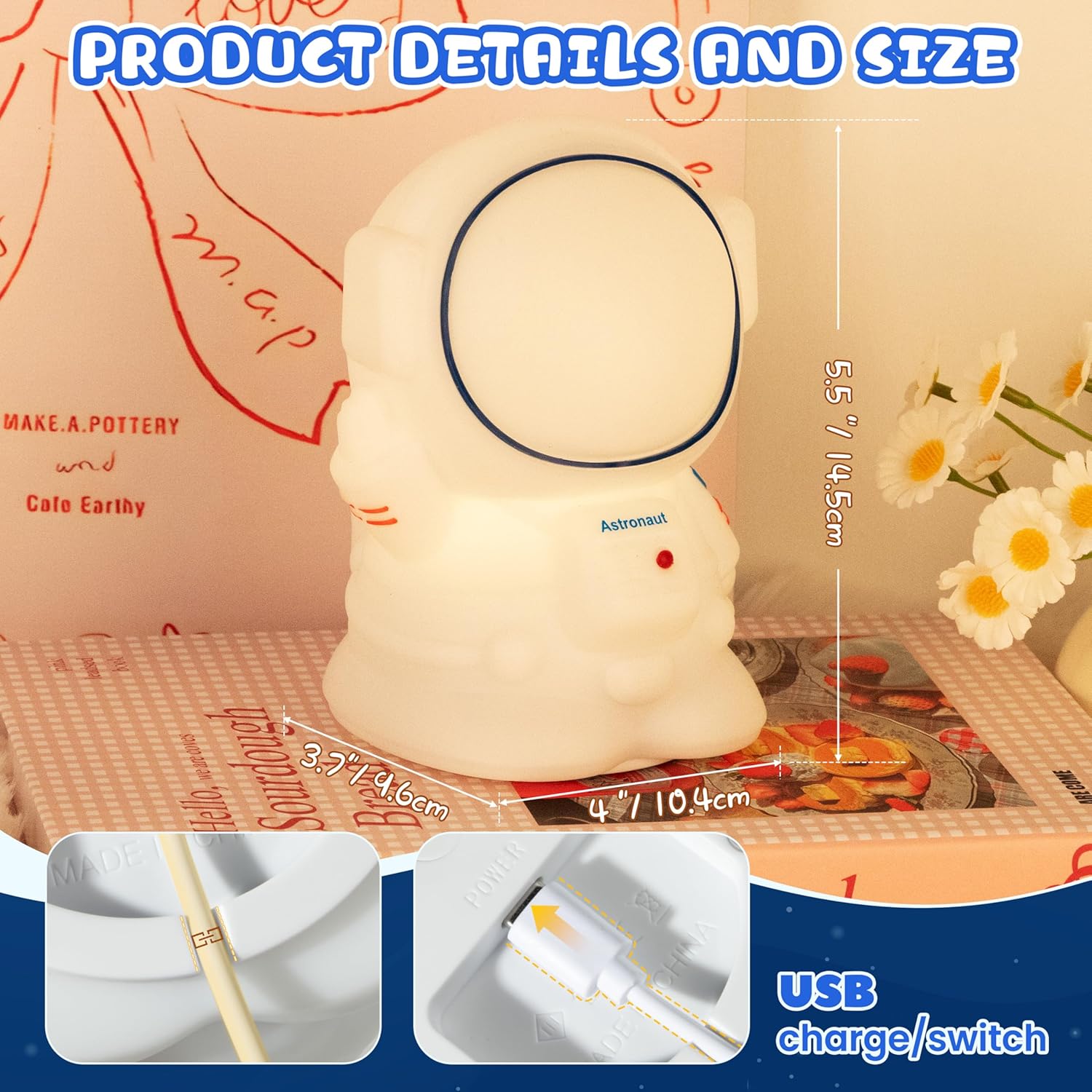 Lámpara Astronauta Luz Nocturna Infantil - Silicona Suave LED y Recargable USB - Decoración y Regalo Original para Niños